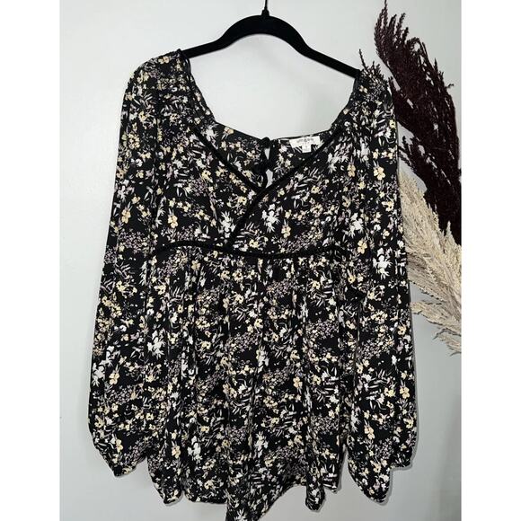 Umgee Tops - Umgee Womens M Black Floral Hi Low Tunic Top Boho Balloon Sleeve Velvet Trim